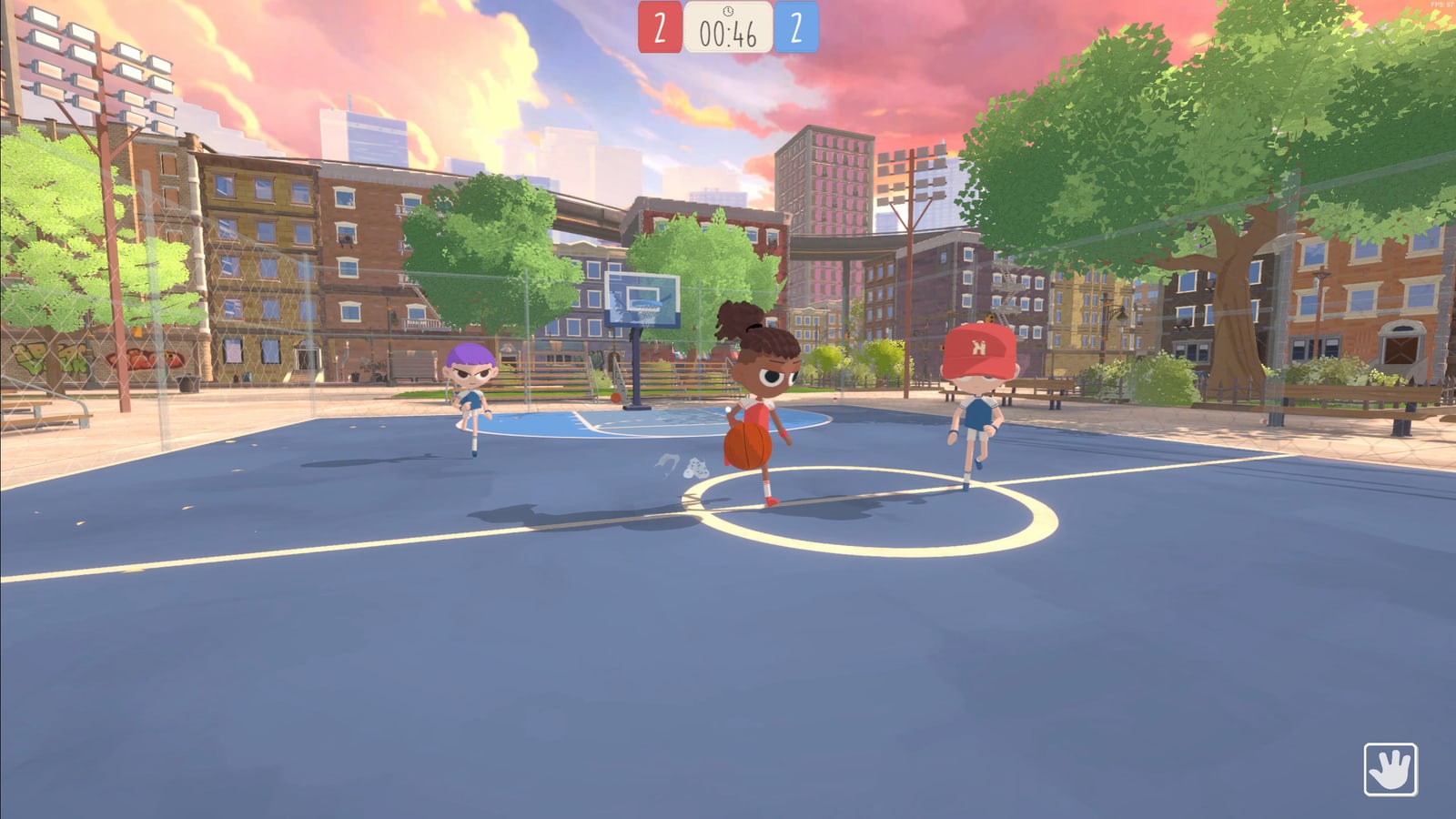 DUNK first-person basketball match on an outdoor schoolyard court at sunset.