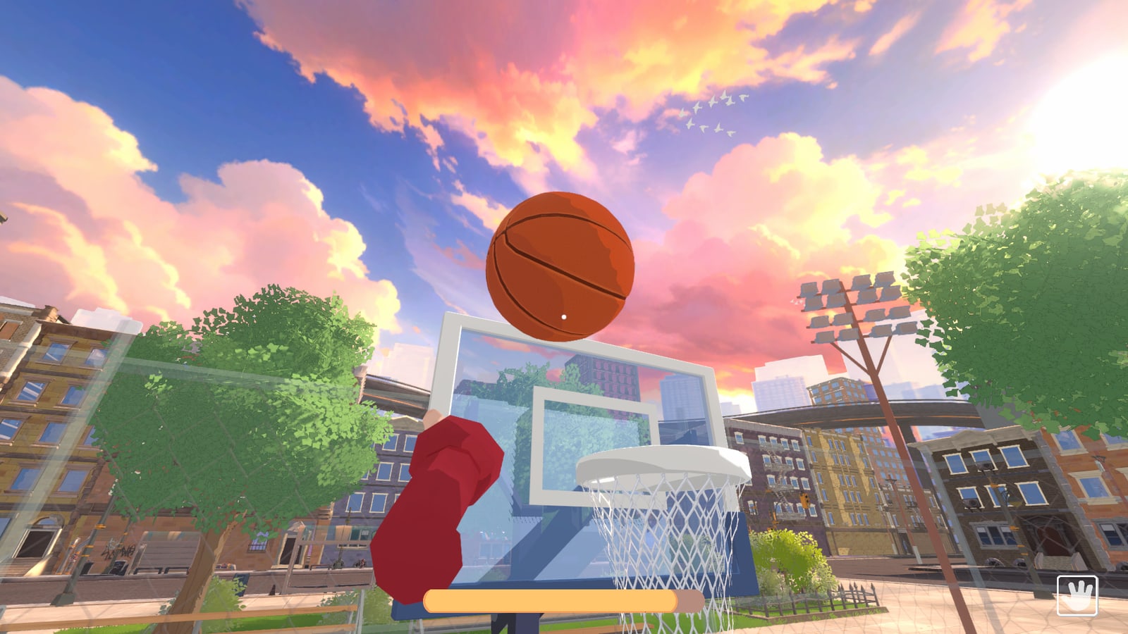DUNK first-person layup with the ball above the hoop at sunset.