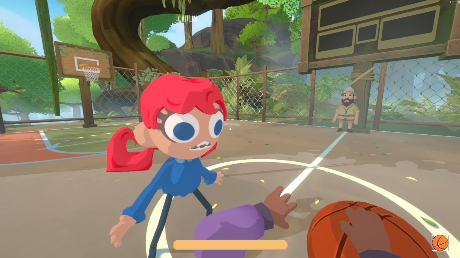 DUNK first-person basketball on the jungle court, facing another player.