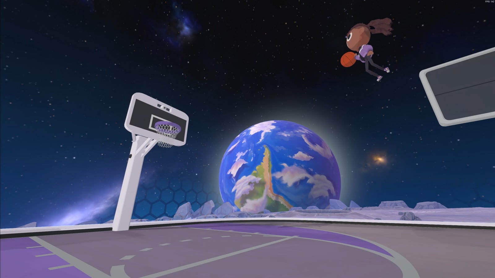 DUNK basketball court on the moon, with Earth in the night sky.