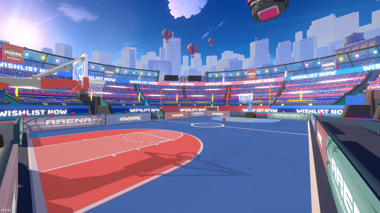 DUNK basketball arena packed with fans, with the city skyline and hot-air balloons.