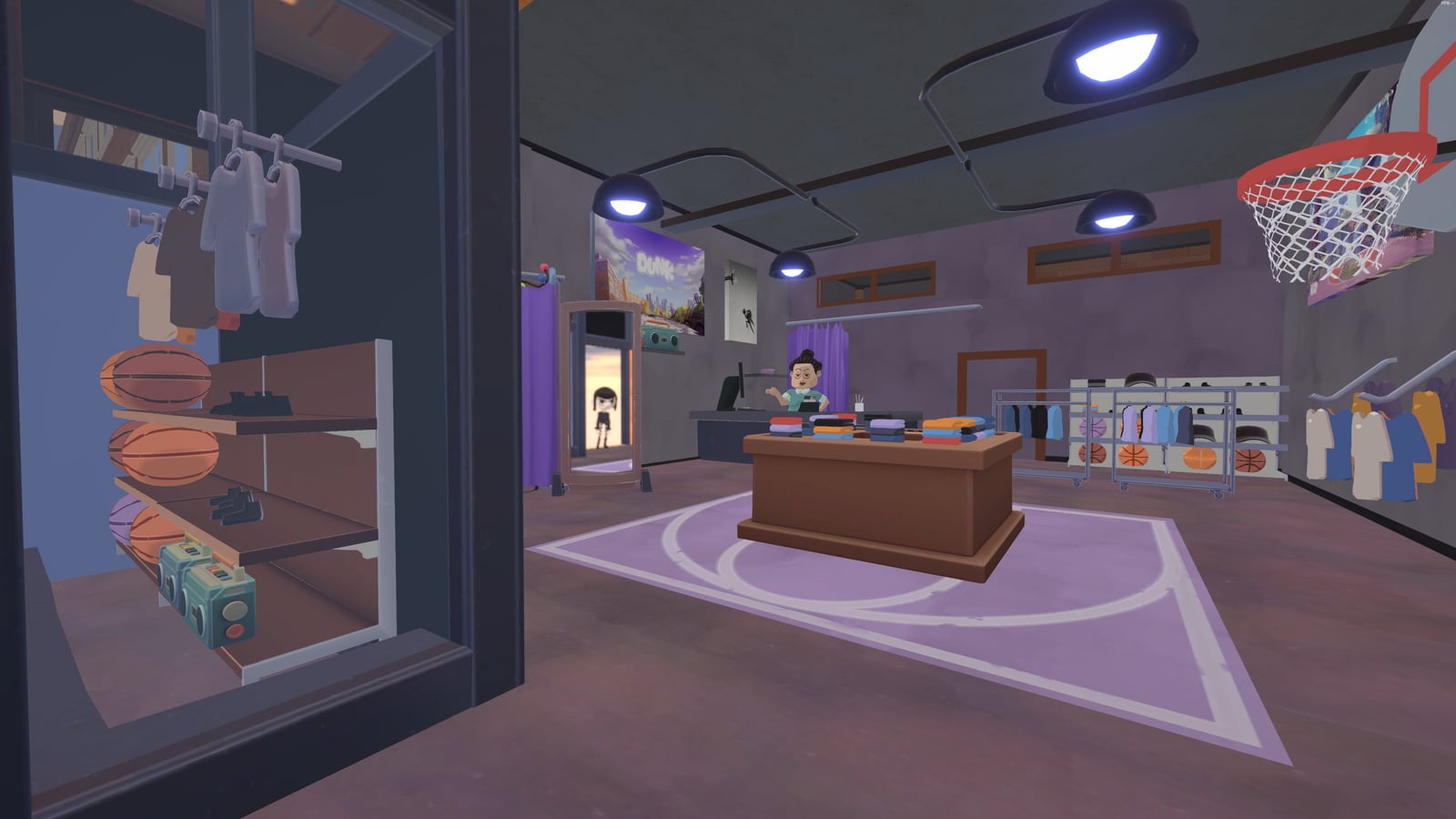 DUNK shop with apparel racks, basketballs and the counter.